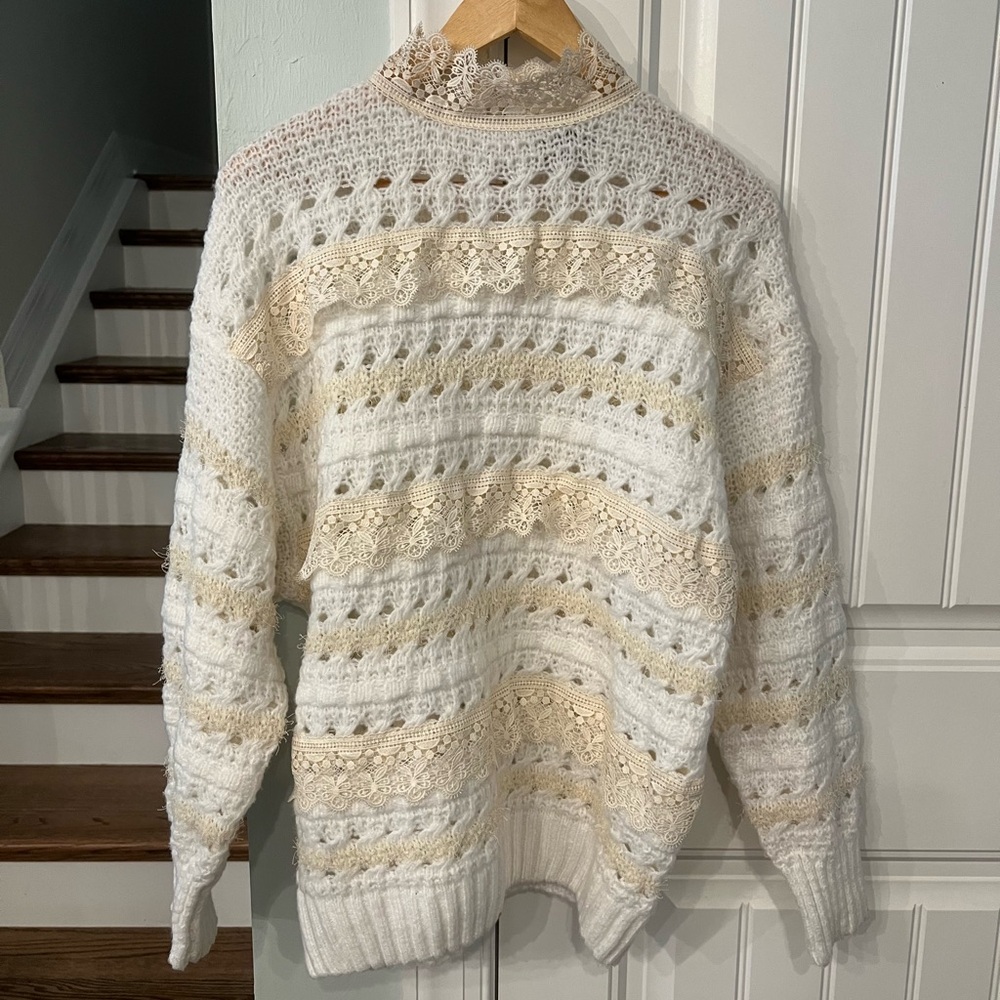 Alice Blue Lace Knit Sweater Women’s Large Ivory Cream Crochet Boho Romantic